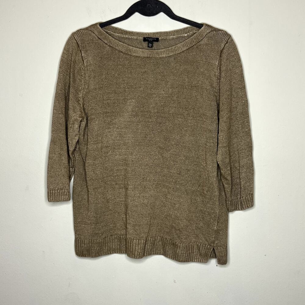 Talbots Sweater‎ Womens XLP Brown 100% Linen Boat Neck 3/4 Sleeve Knit